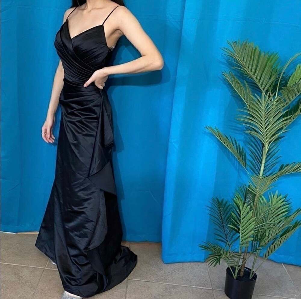 Bill Levkoff Black Satin Ruched V-Neck Formal Maxi Dress Gown